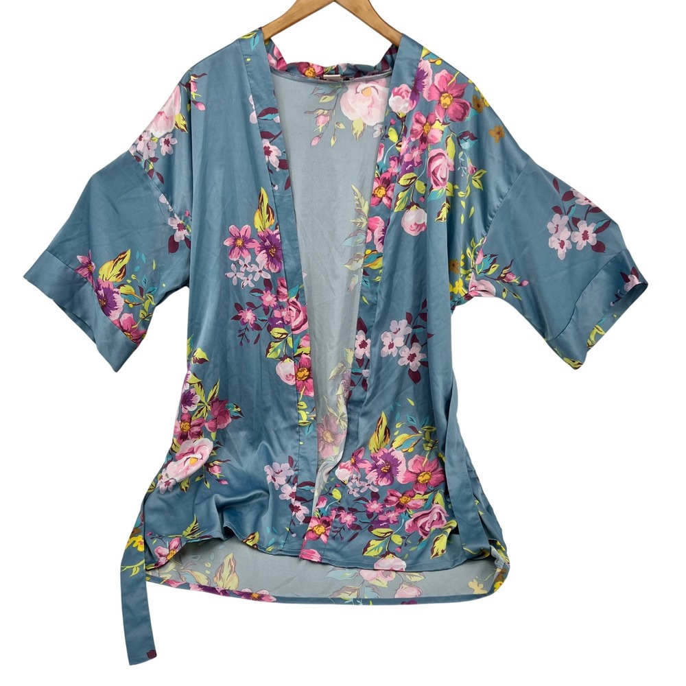Soho Apparel Floral Kimono Robe Blue Pink Satin Tie Waist LG-SLP01044-698 Medium